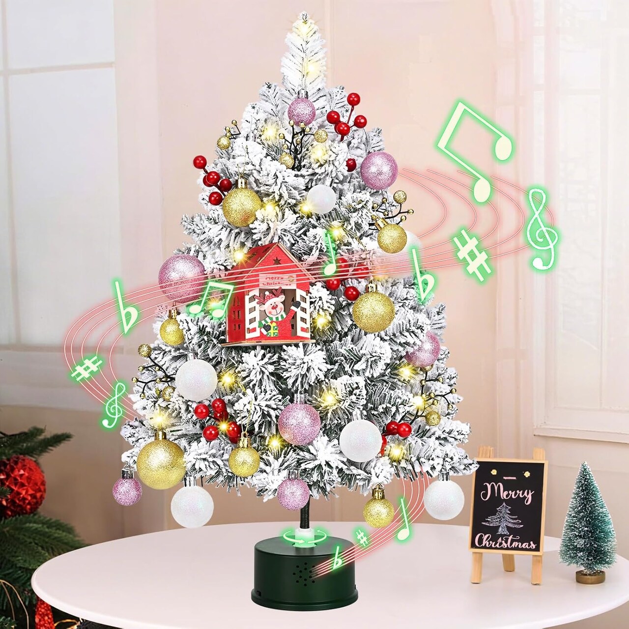 2FT Flocked Table Top Christmas Trees (White, Pink, Gold) 14"D x 14"W x 24"H
